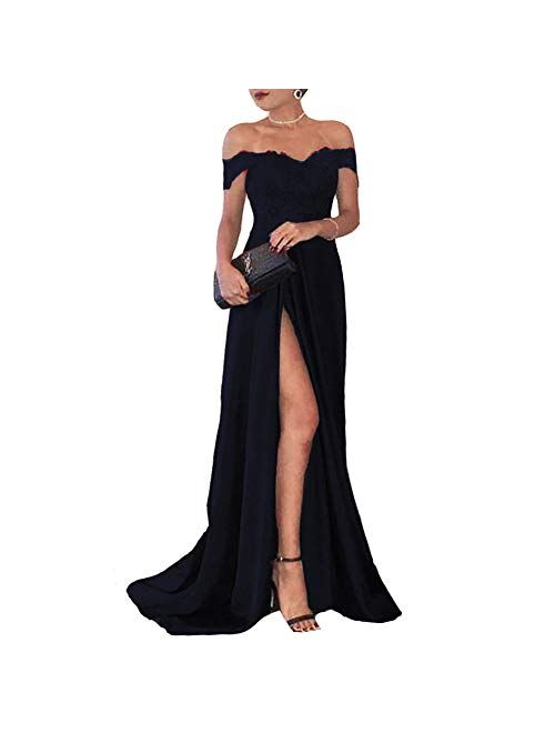 Lemai Off Shoulder V Neck Front Slit Long Lace Prom Formal Evening Party Dresses