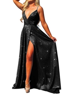 ALFEICE Long Prom Dresses V Neck Spaghetti Sparkling Formal Evening Gown High Slit Maxi Dress