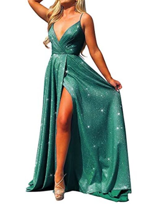 ALFEICE Long Prom Dresses V Neck Spaghetti Sparkling Formal Evening Gown High Slit Maxi Dress