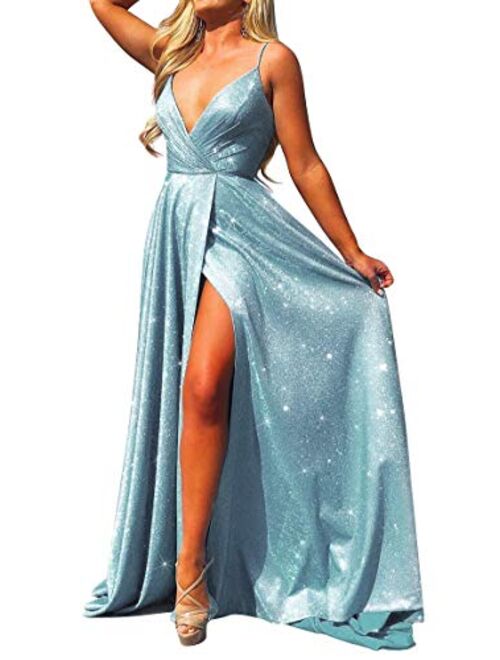 ALFEICE Long Prom Dresses V Neck Spaghetti Sparkling Formal Evening Gown High Slit Maxi Dress