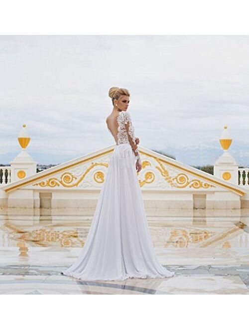 Kelaixiang Open Back Long Sleeves Lace Wedding Gowns Split for Women