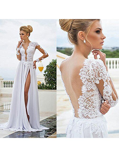 Kelaixiang Open Back Long Sleeves Lace Wedding Gowns Split for Women