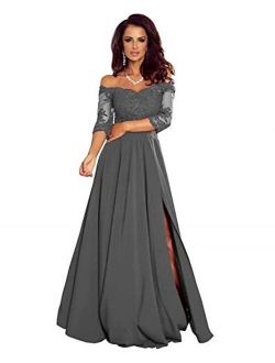 Off Shoulder Beach Evening Gowns Split Long Applique Mother of The Bride Dress Half Long Sleeve