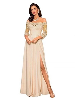 Off Shoulder Beach Evening Gowns Split Long Applique Mother of The Bride Dress Half Long Sleeve