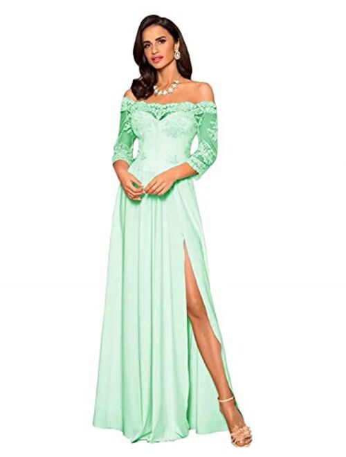 Off Shoulder Beach Evening Gowns Split Long Applique Mother of The Bride Dress Half Long Sleeve