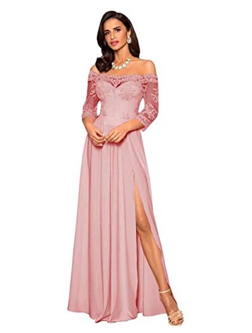 Off Shoulder Beach Evening Gowns Split Long Applique Mother of The Bride Dress Half Long Sleeve