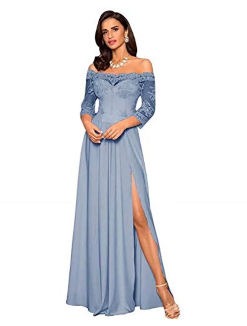 Off Shoulder Beach Evening Gowns Split Long Applique Mother of The Bride Dress Half Long Sleeve