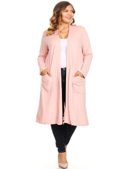 MOA COLLECTION Women's Solid Casual Basic Plus Size Long Body Duster Cardigan with Pockets/Made in USA