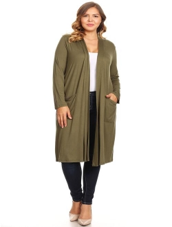 MOA COLLECTION Women's Solid Casual Basic Plus Size Long Body Duster Cardigan with Pockets/Made in USA