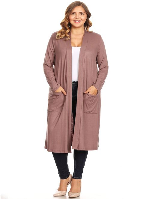 MOA COLLECTION Women's Solid Casual Basic Plus Size Long Body Duster Cardigan with Pockets/Made in USA