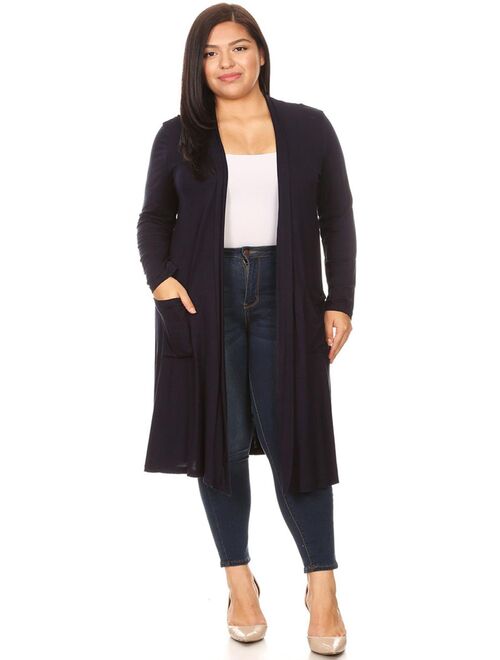 MOA COLLECTION Women's Solid Casual Basic Plus Size Long Body Duster Cardigan with Pockets/Made in USA