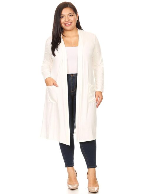 MOA COLLECTION Women's Solid Casual Basic Plus Size Long Body Duster Cardigan with Pockets/Made in USA