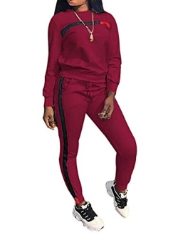 QCHENG Plus Sweatsuits for Women 2PC Striped Long Sleeve Pullover Sweatshirt Long Sweatpants Tracksuits Sweatsuits Set