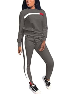 QCHENG Plus Sweatsuits for Women 2PC Striped Long Sleeve Pullover Sweatshirt Long Sweatpants Tracksuits Sweatsuits Set