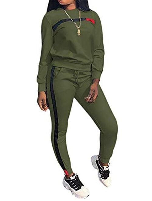 QCHENG Plus Sweatsuits for Women 2PC Striped Long Sleeve Pullover Sweatshirt Long Sweatpants Tracksuits Sweatsuits Set