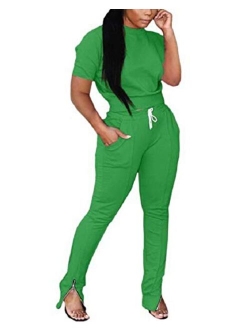 ThusFar Women's Two Piece Outfits Sweatsuit Tracksuit Crop Top Drawstring Zipper Slit Pants Set Jumpsuit with Pockets