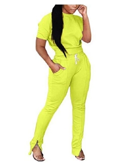 ThusFar Women's Two Piece Outfits Sweatsuit Tracksuit Crop Top Drawstring Zipper Slit Pants Set Jumpsuit with Pockets