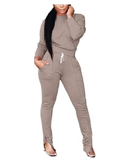 ThusFar Women's Two Piece Outfits Sweatsuit Tracksuit Crop Top Drawstring Zipper Slit Pants Set Jumpsuit with Pockets