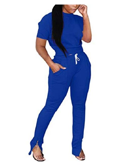 ThusFar Women's Two Piece Outfits Sweatsuit Tracksuit Crop Top Drawstring Zipper Slit Pants Set Jumpsuit with Pockets