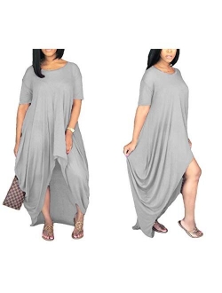 Women's Round Neck Short Sleeve High Low Pleated Loose Swing Casual Long Maxi T Shirt Dress