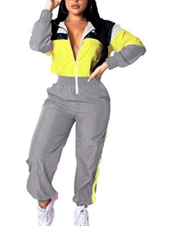 Women Colorblock One Piece Outfits Set High Waist Pants Long Sleeve Zipper Front Windbreaker Jumpsuit