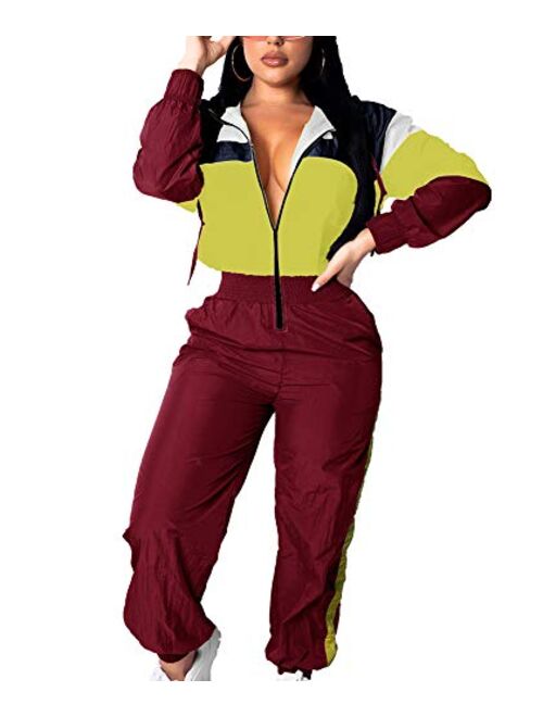 Women Colorblock One Piece Outfits Set High Waist Pants Long Sleeve Zipper Front Windbreaker Jumpsuit