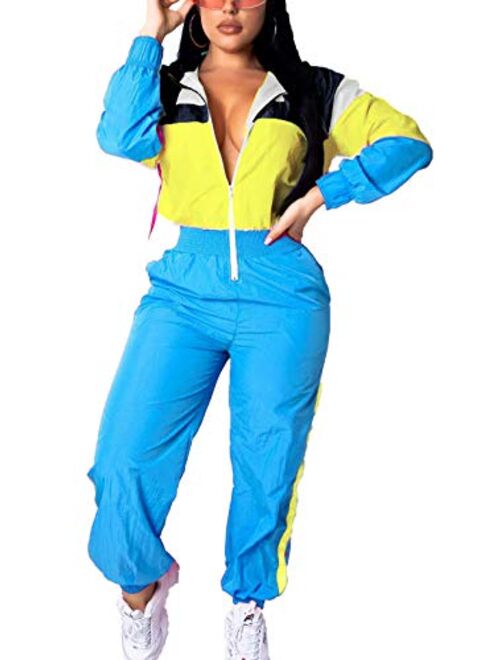 Women Colorblock One Piece Outfits Set High Waist Pants Long Sleeve Zipper Front Windbreaker Jumpsuit