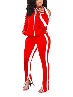 Jogging Suits for Women - Sweat Suits Set Zipper Hoodies Sweatshirt + Wide Leg Slit Pants Tracksuit Set