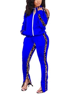 Jogging Suits for Women - Sweat Suits Set Zipper Hoodies Sweatshirt + Wide Leg Slit Pants Tracksuit Set