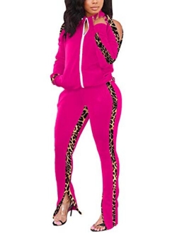 Jogging Suits for Women - Sweat Suits Set Zipper Hoodies Sweatshirt + Wide Leg Slit Pants Tracksuit Set