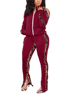 Jogging Suits for Women - Sweat Suits Set Zipper Hoodies Sweatshirt + Wide Leg Slit Pants Tracksuit Set