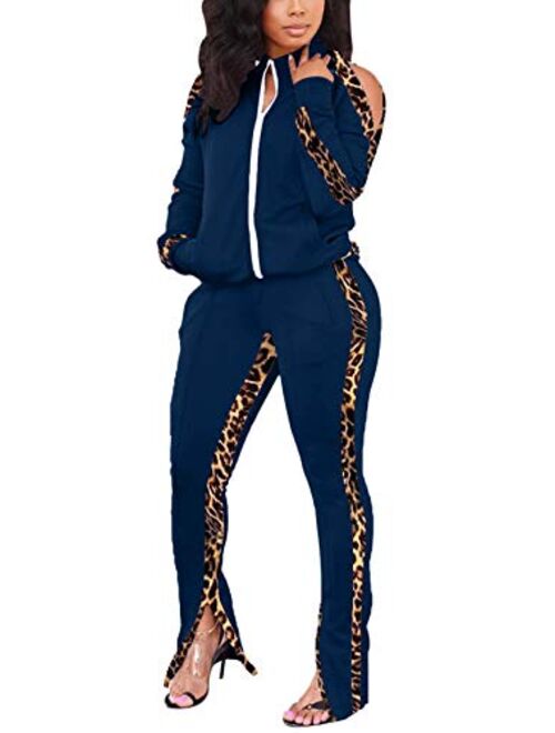 Jogging Suits for Women - Sweat Suits Set Zipper Hoodies Sweatshirt + Wide Leg Slit Pants Tracksuit Set