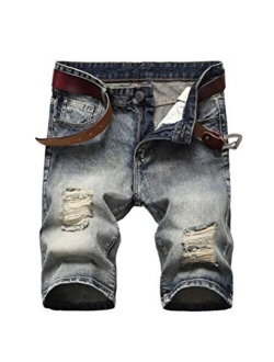 PASOK Men's Casual Denim Shorts Ripped Short Pants Straight Fit Jeans Shorts with Hole