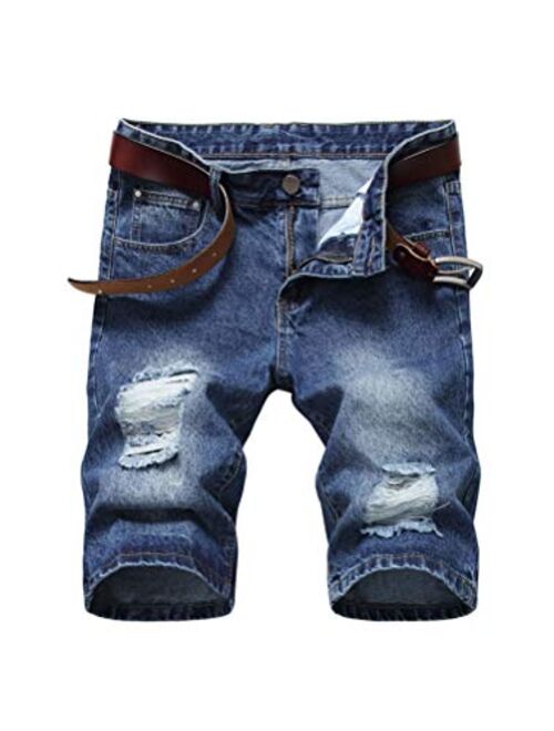 PASOK Men's Casual Denim Shorts Ripped Short Pants Straight Fit Jeans Shorts with Hole