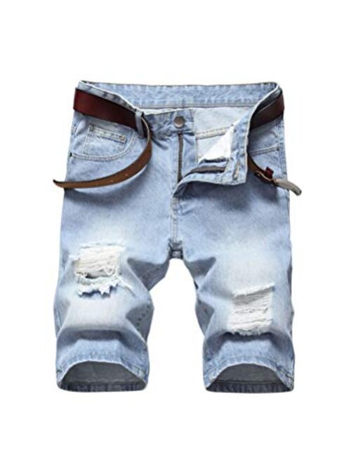 PASOK Men's Casual Denim Shorts Ripped Short Pants Straight Fit Jeans Shorts with Hole