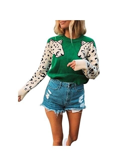 Women's Fall Sweaters Casual Cute Leopard Print Long Sleeves Knit Cropped Sweater Pullover Tops