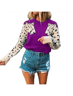 Women's Fall Sweaters Casual Cute Leopard Print Long Sleeves Knit Cropped Sweater Pullover Tops