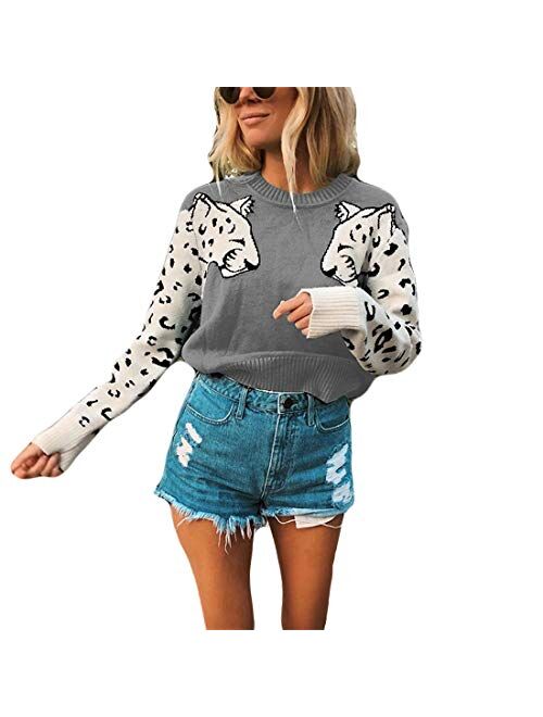 Women's Fall Sweaters Casual Cute Leopard Print Long Sleeves Knit Cropped Sweater Pullover Tops