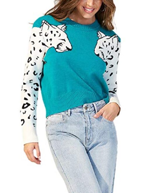 Women's Fall Sweaters Casual Cute Leopard Print Long Sleeves Knit Cropped Sweater Pullover Tops