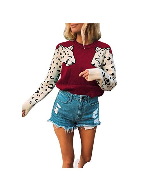 Women's Fall Sweaters Casual Cute Leopard Print Long Sleeves Knit Cropped Sweater Pullover Tops