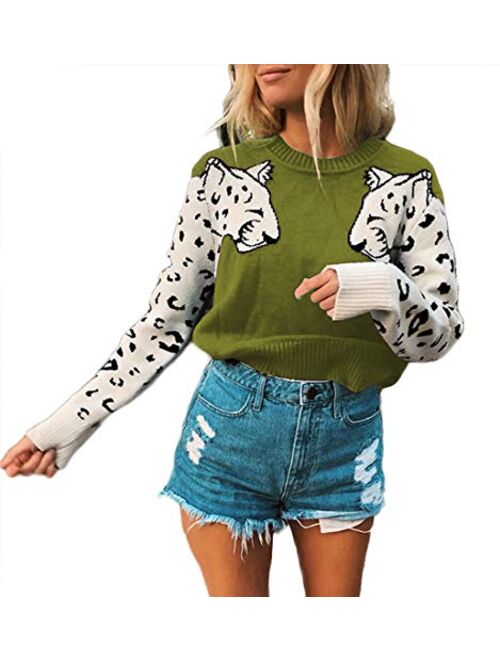 Women's Fall Sweaters Casual Cute Leopard Print Long Sleeves Knit Cropped Sweater Pullover Tops