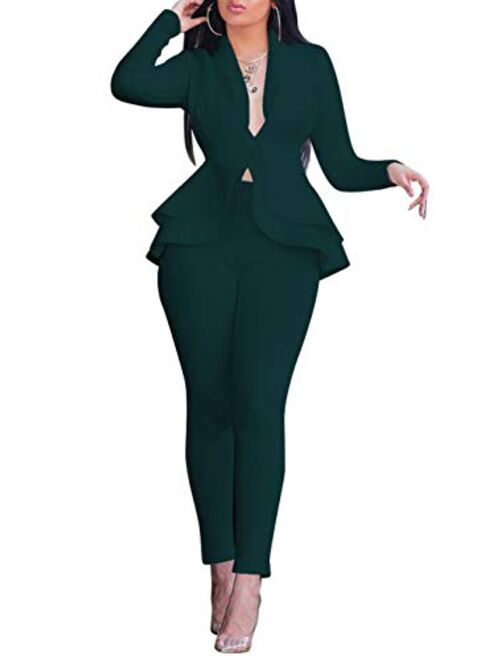 Salimdy Sexy 2 Piece Outfits for Women Long Sleeve Solid Blazer with Pants Casual Elegant Business Suit Sets