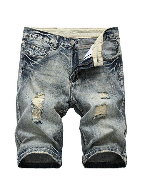 Men's Casual Ripped Denim Shorts Stylish Distressed Straight Leg Jeans Shorts