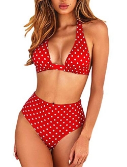 Women's Sexy High Waist Swimsuit 2 Piece Printed Halter Bikini Bathing Suits