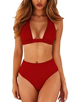 Women's Sexy High Waist Swimsuit 2 Piece Printed Halter Bikini Bathing Suits