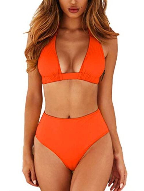 Women's Sexy High Waist Swimsuit 2 Piece Printed Halter Bikini Bathing Suits