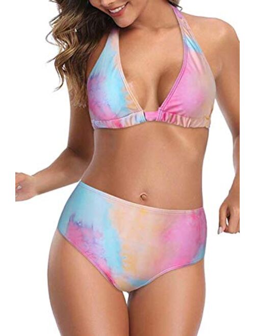 Women's Sexy High Waist Swimsuit 2 Piece Printed Halter Bikini Bathing Suits