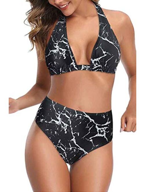 Women's Sexy High Waist Swimsuit 2 Piece Printed Halter Bikini Bathing Suits