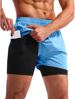 Men's 2 in 1 Running Athletic Shorts 5" Quick Dry Workout Shorts with Liner Zipper Pocket