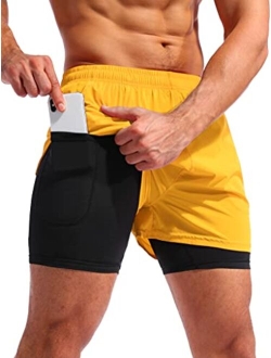 Men's 2 in 1 Running Athletic Shorts 5" Quick Dry Workout Shorts with Liner Zipper Pocket